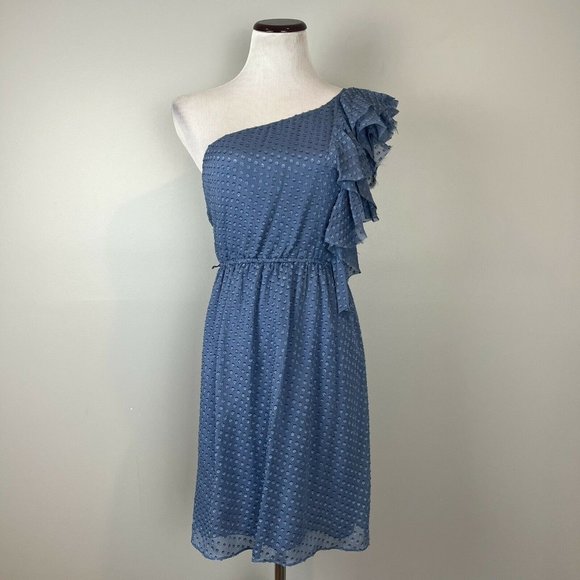 Rebecca Taylor One Shoulder Ruffle Clip Dot Crinkle Dress Silk Blend Size 4 - Picture 1 of 8